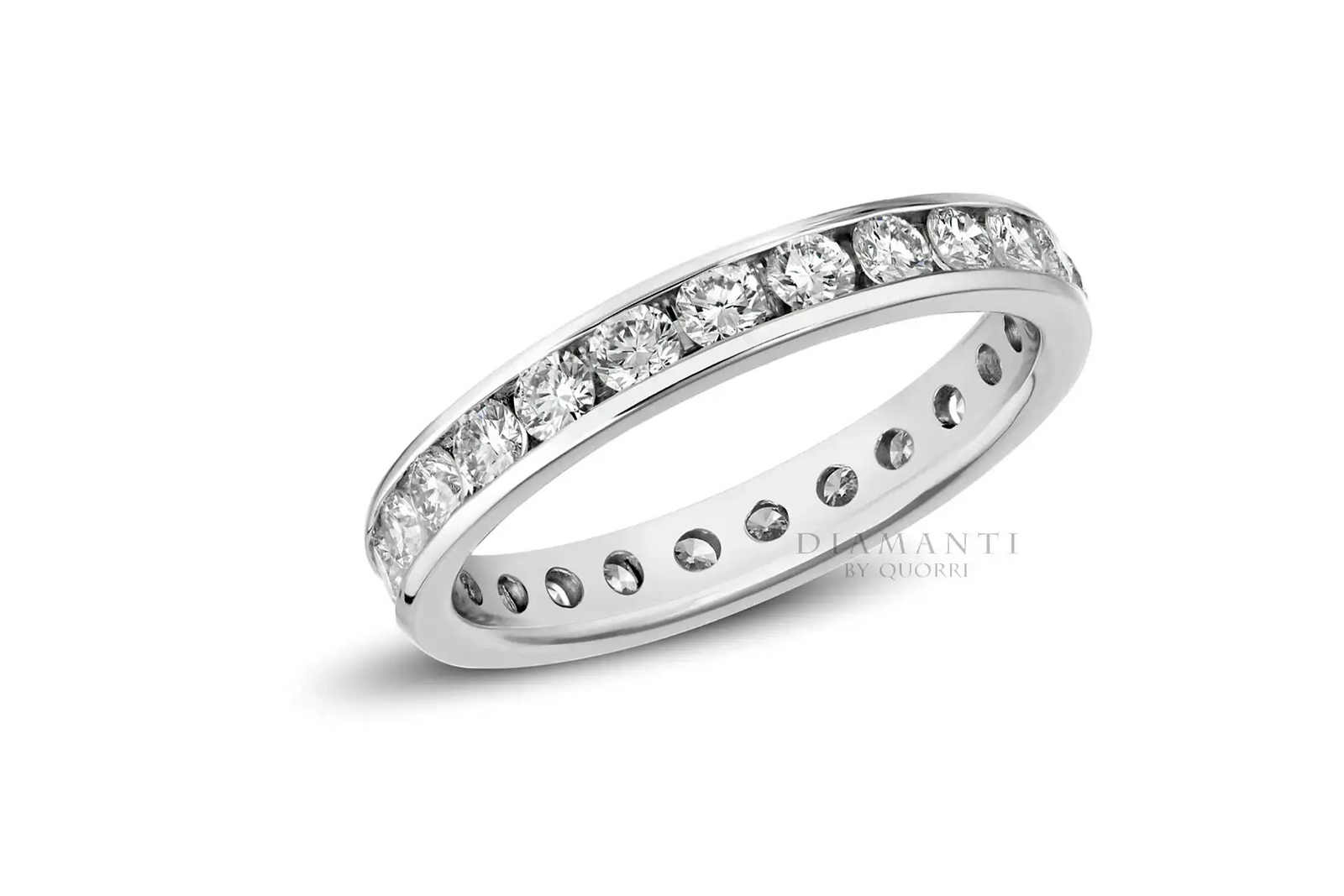 white gold designer round channel set diamond eternity anniversary and wedding band Quorri