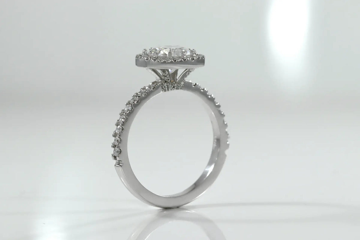 designer 18k white gold invisible halo 2.5 carat round lab diamond engagement ring Quorri 