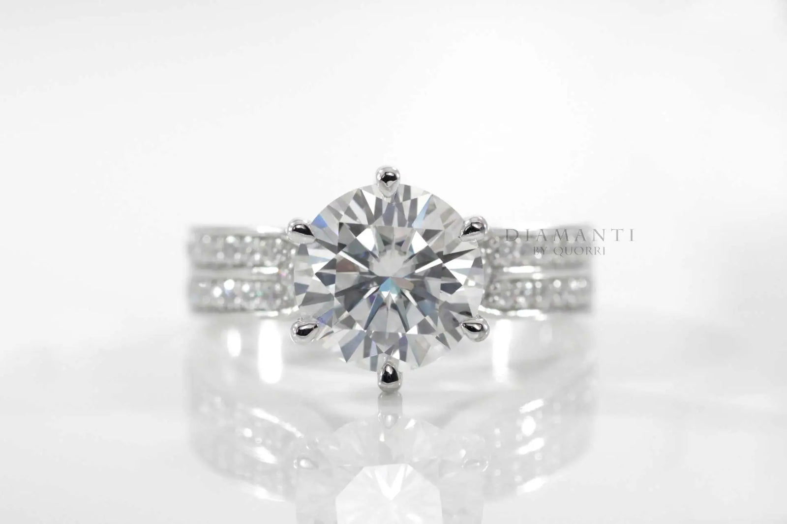 six prong dual row band round lab diamond engagement ring