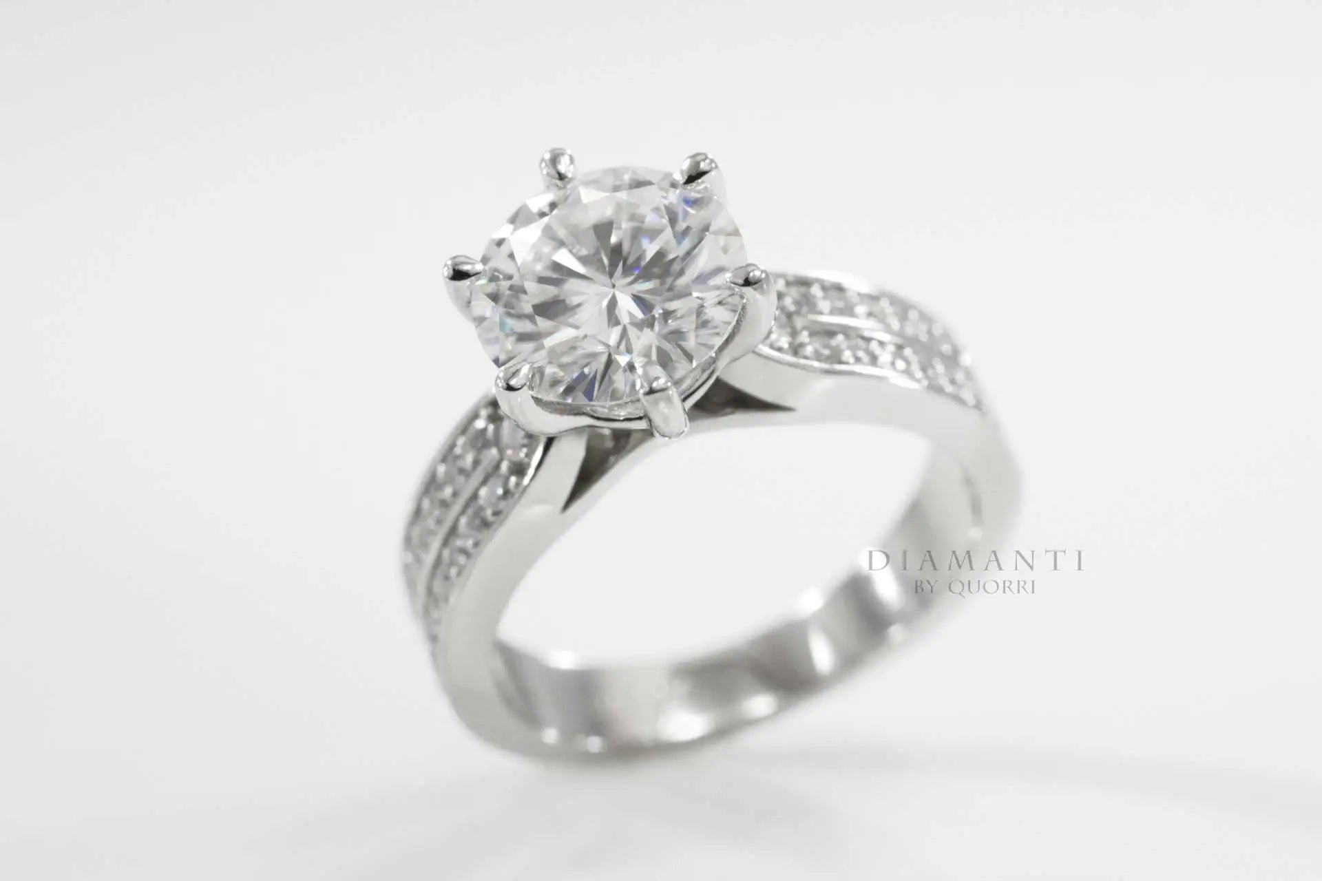 six prong dual row band round lab diamond engagement ring