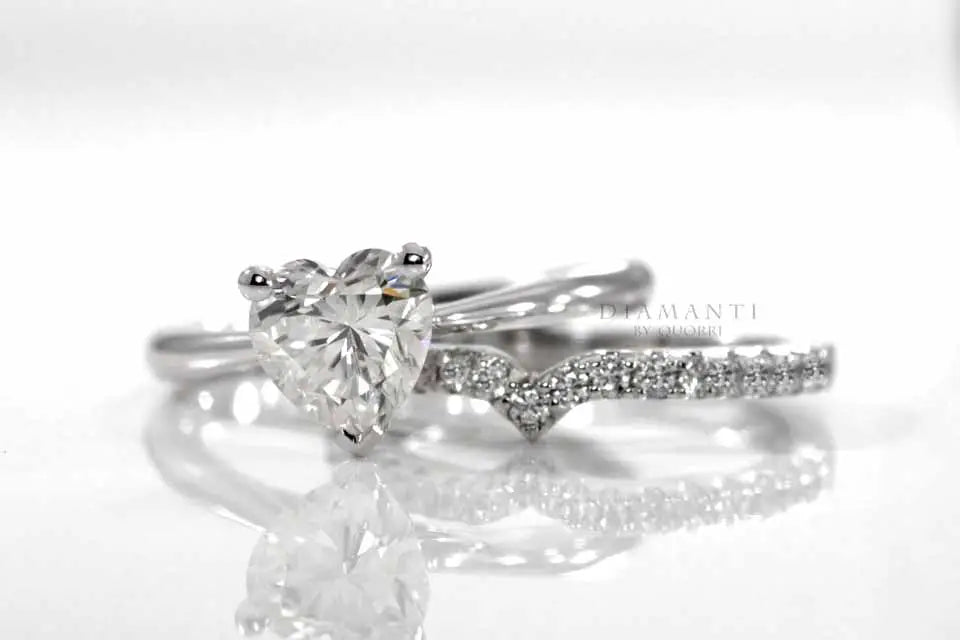 low cost solitaire heart lab grown diamond engagement ring and band set