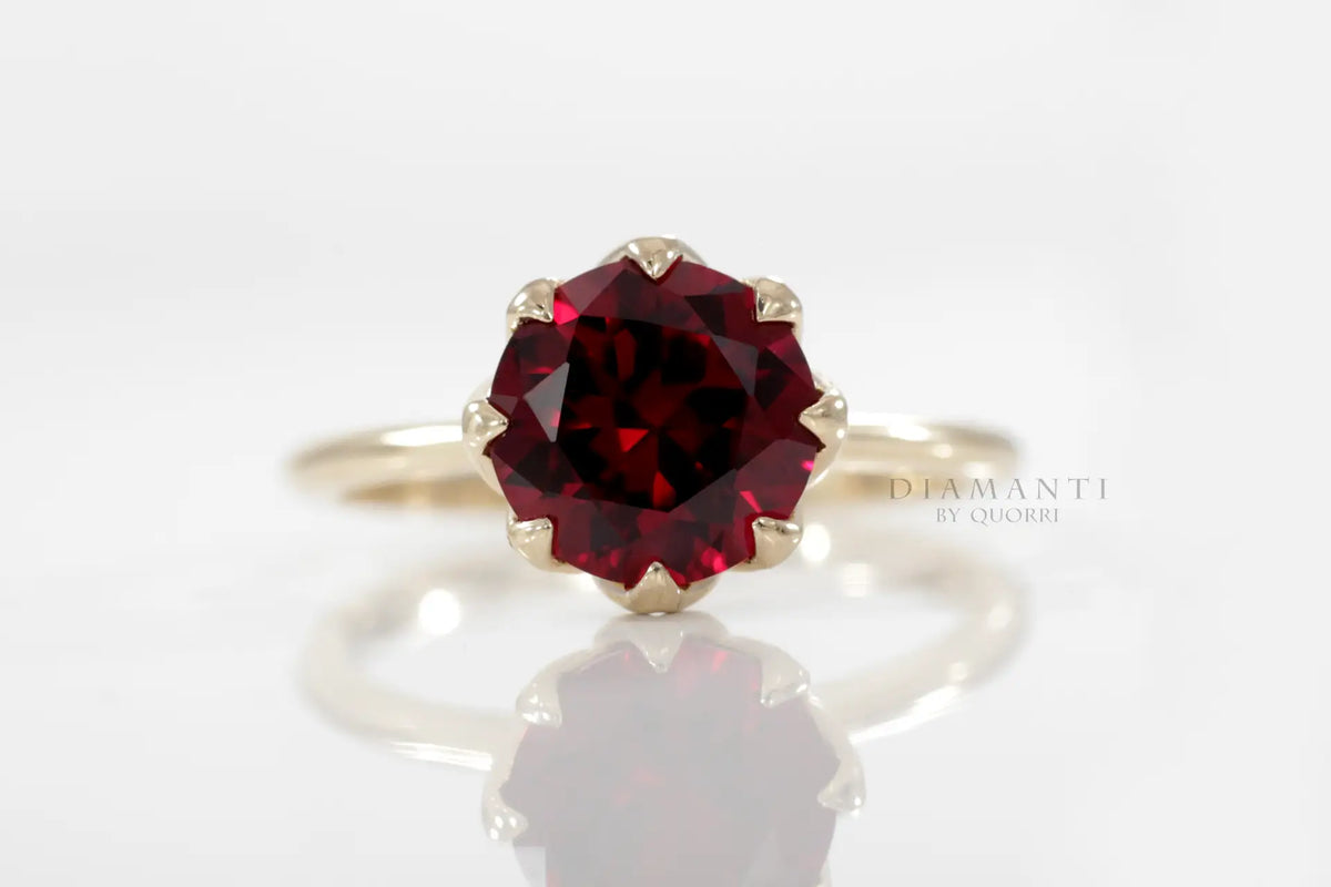 designer 18k yellow gold eight prong 2 carat lab grown ruby engagement ring Quorri