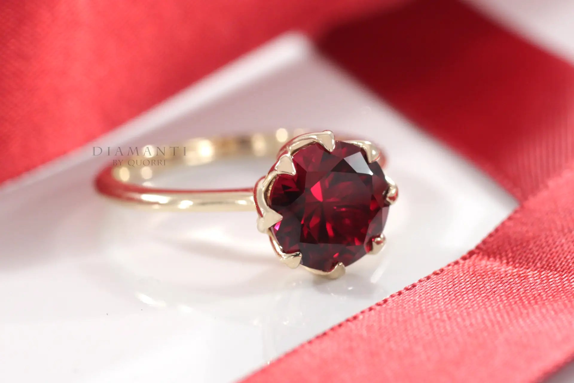 affordable designer 18k yellow gold eight prong 2.3 carat lab grown ruby engagement ring Quorri