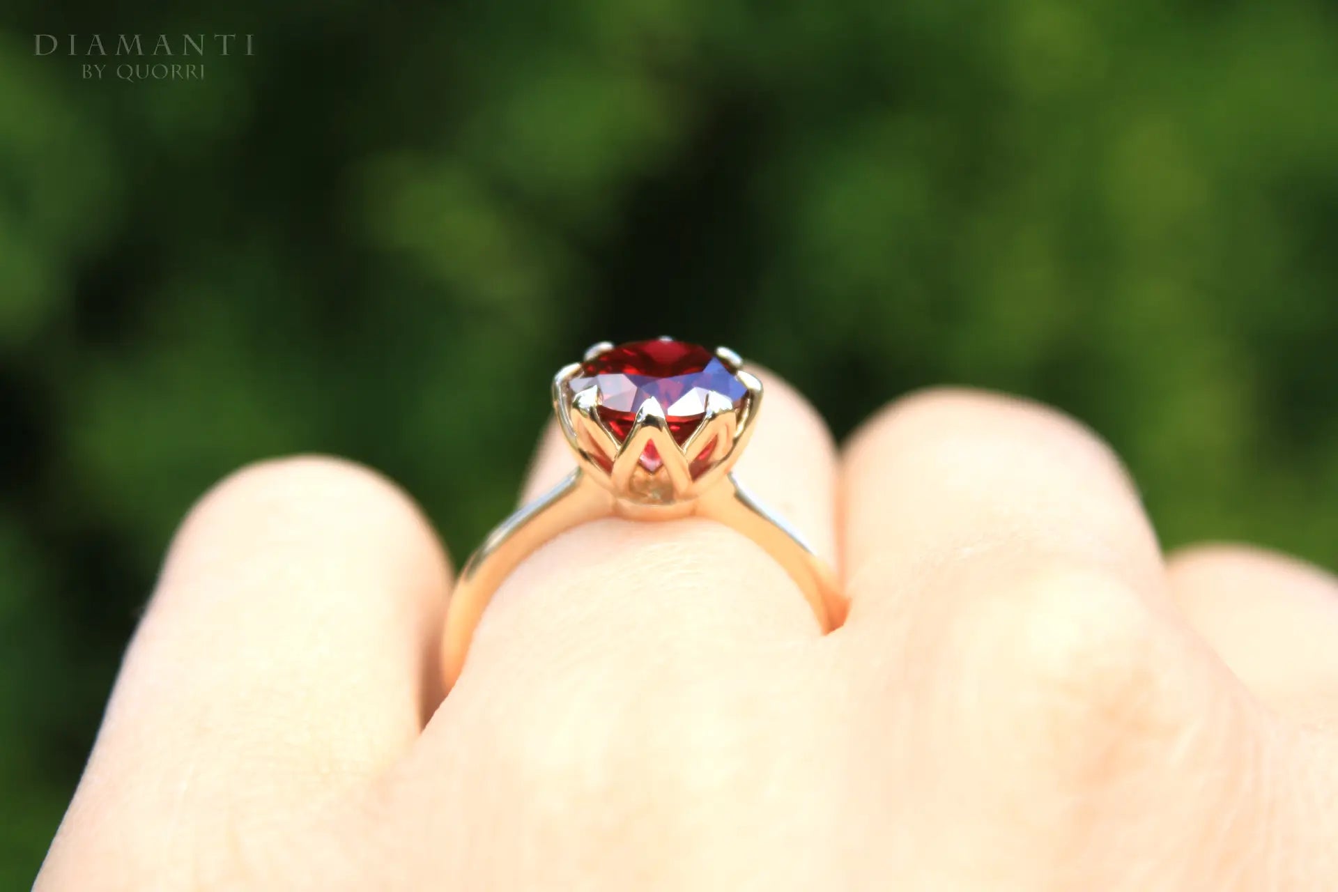 vintage designer yellow gold eight prong round 2 carat lab grown ruby engagement ring Quorri