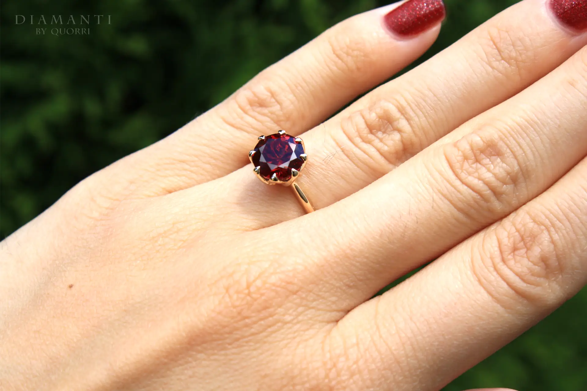 designer 18k yellow gold 8 prong three carat lab grown ruby engagement ring at Quorri Canada