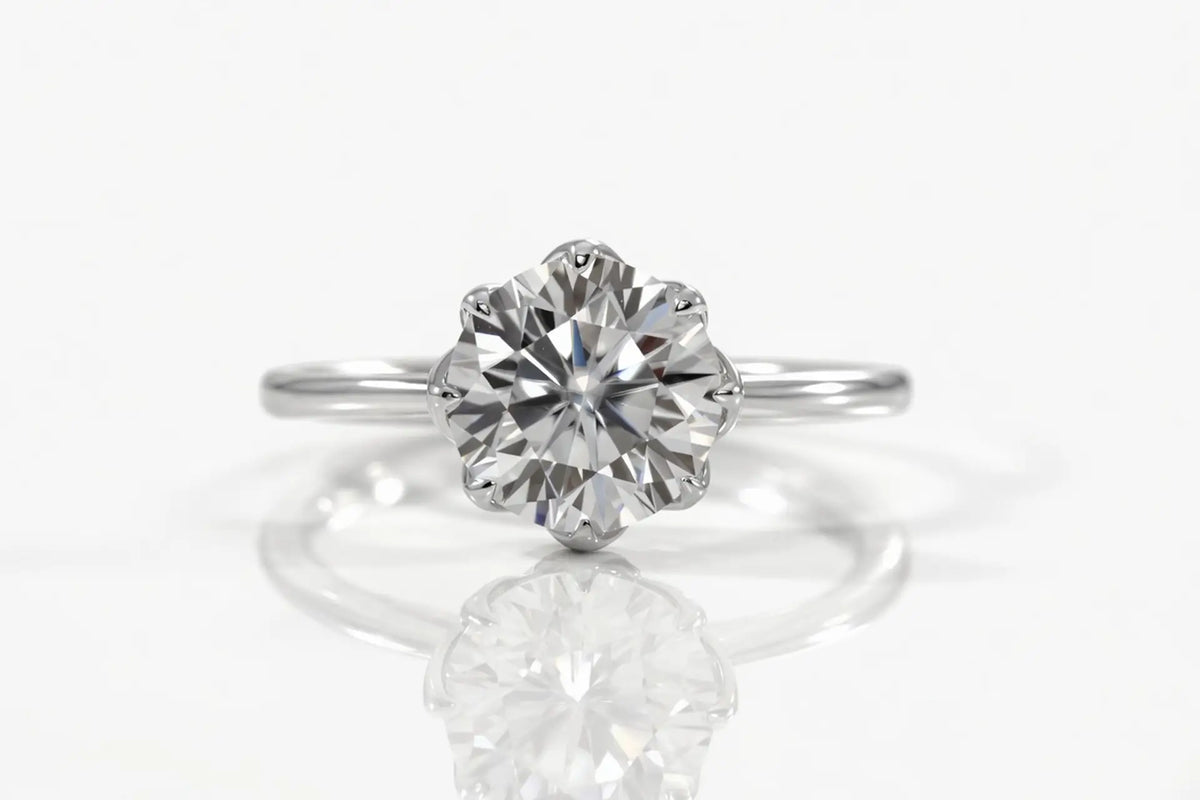 vintage eight prong petal design round lab diamond 14k white gold solitaire engagement ring Canada