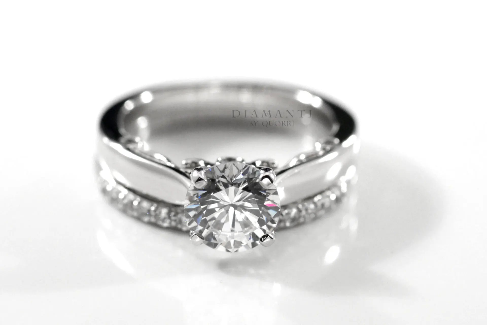 18k white gold round lab diamond engagement ring and matching wedding band set Quorri Canada