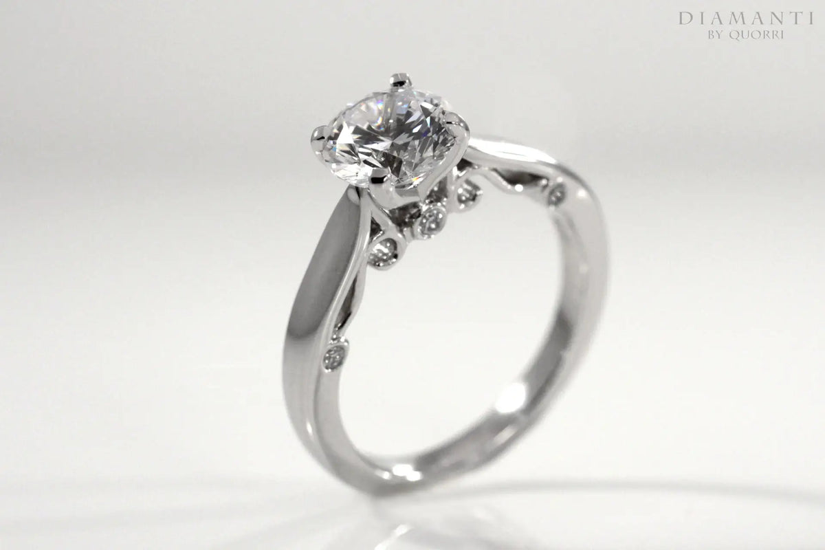 14k white gold vintage 1.50 carat round lab created diamond center accented engagement ring Quorri Canada