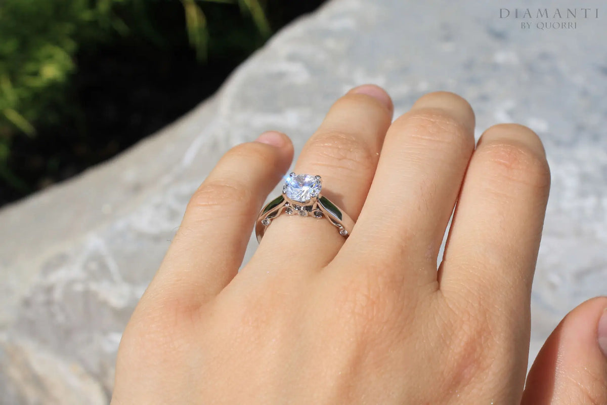 18k white gold vintage 2.25 carat round lab grown diamond center accented engagement ring Quorri Canada