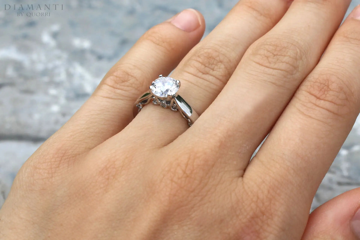 designer 18k white gold vintage 2.5 carat round diamond center accented engagement ring Quorri Canada