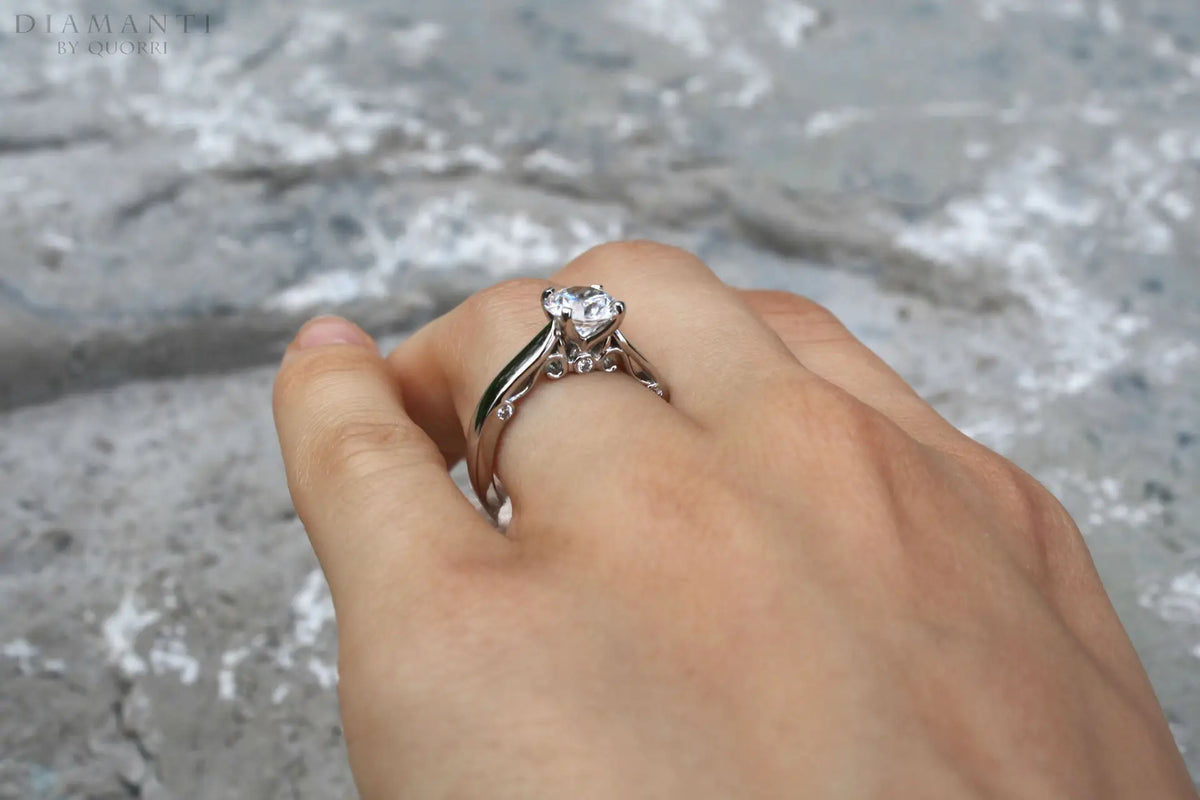 low cost 14k white gold vintage 1.75 carat round lab diamond center accented engagement ring Quorri Canada