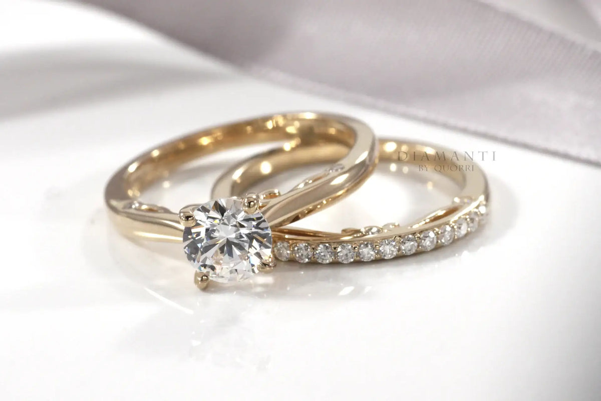 18k yellow gold vintage 2 carat round lab diamond center accented engagement ring set with accented band set Quorri Canada
