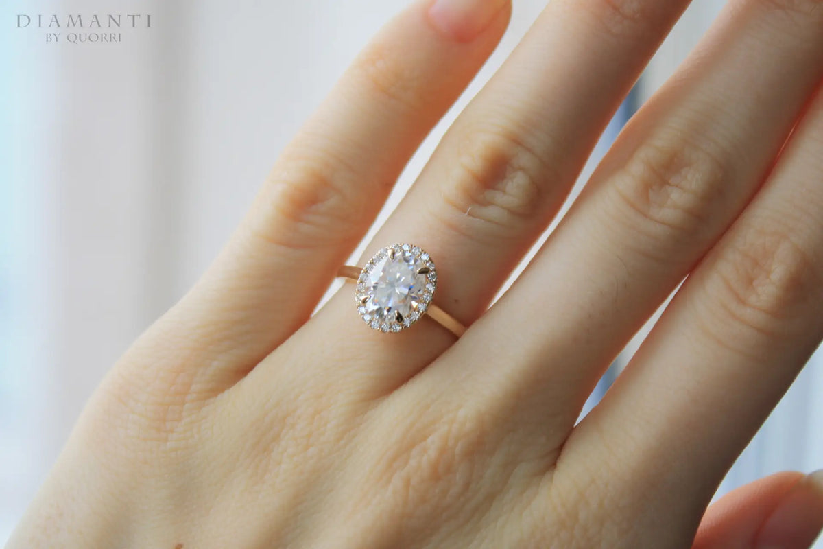 affordable four claw prong 2 carat oval lab diamond engagement ring Quorri Canada