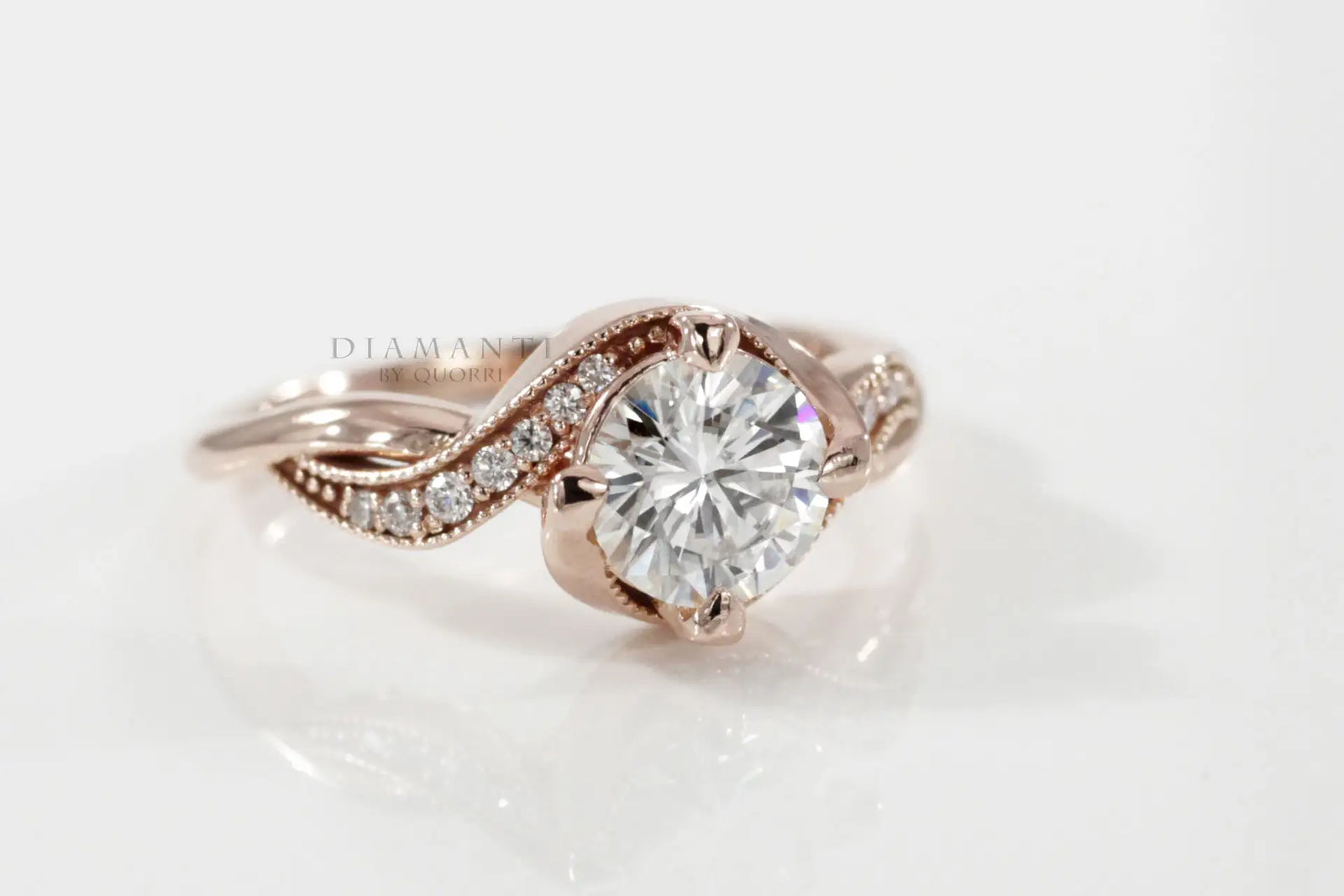 affordable rose gold swirl hidden-halo 2.25 carat round lab created diamond engagement ring Quorri