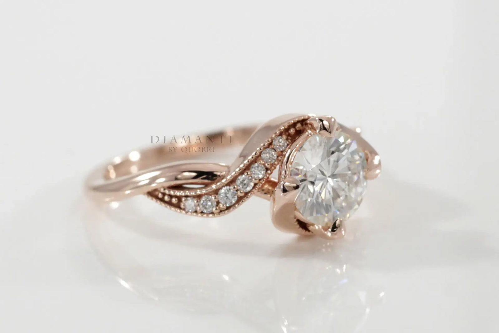 designer rose gold swirl hidden-halo 3 carat round lab diamond engagement ring Quorri