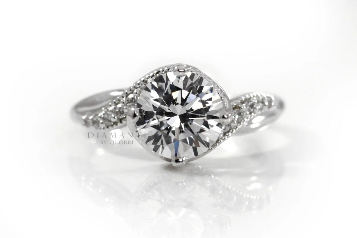 white gold swirl hidden-halo 2 carat round lab diamond engagement ring Quorri