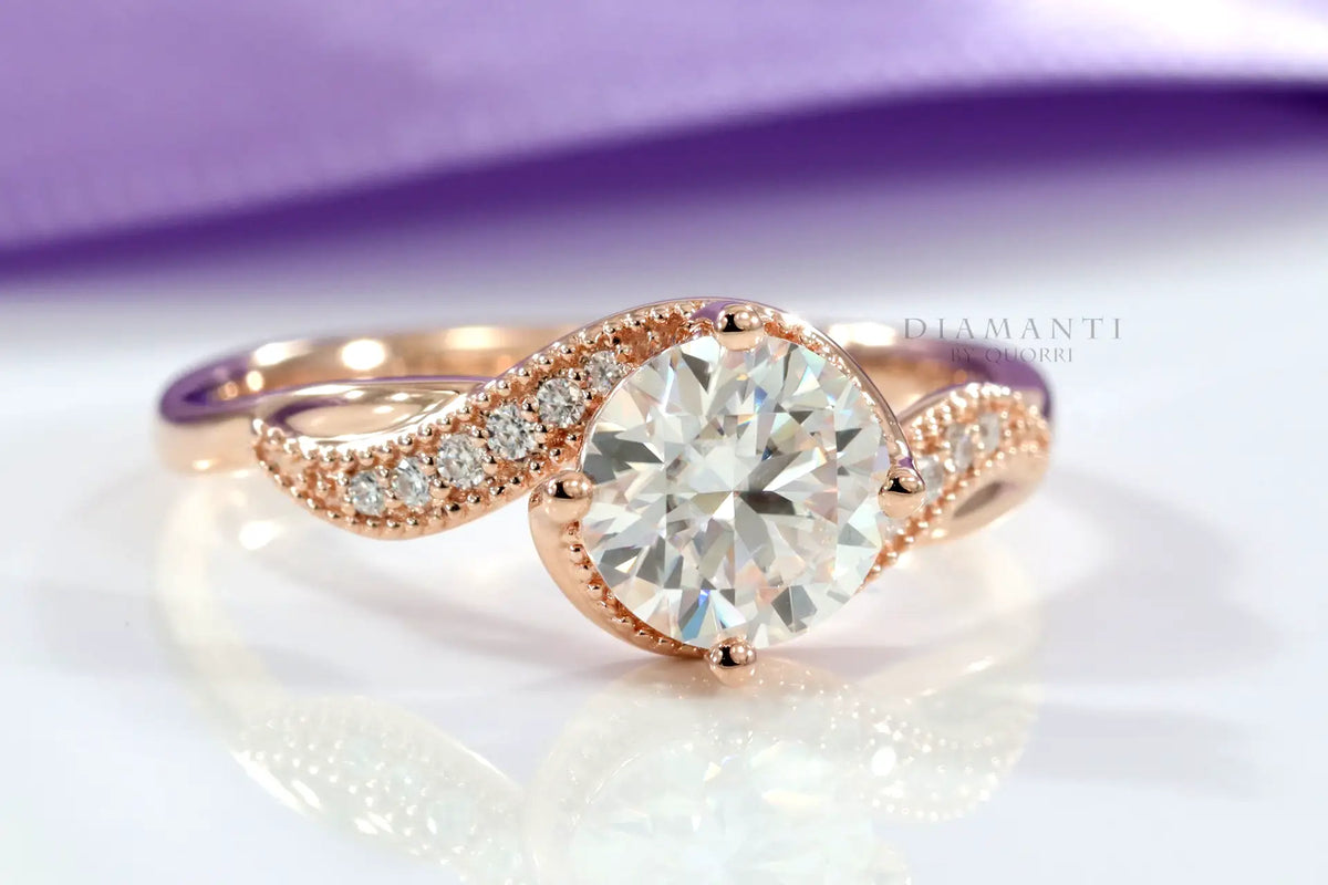 rose gold swirl hidden-halo 2.5 carat round lab made diamond engagement ring Quorri