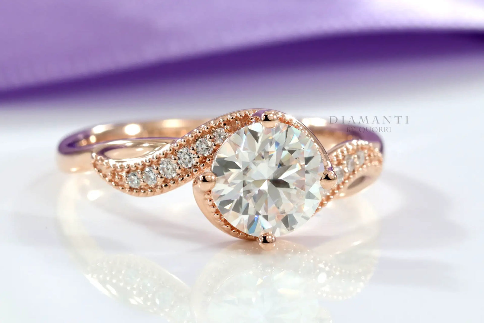 rose gold swirl hidden-halo 2.5 carat round lab made diamond engagement ring Quorri