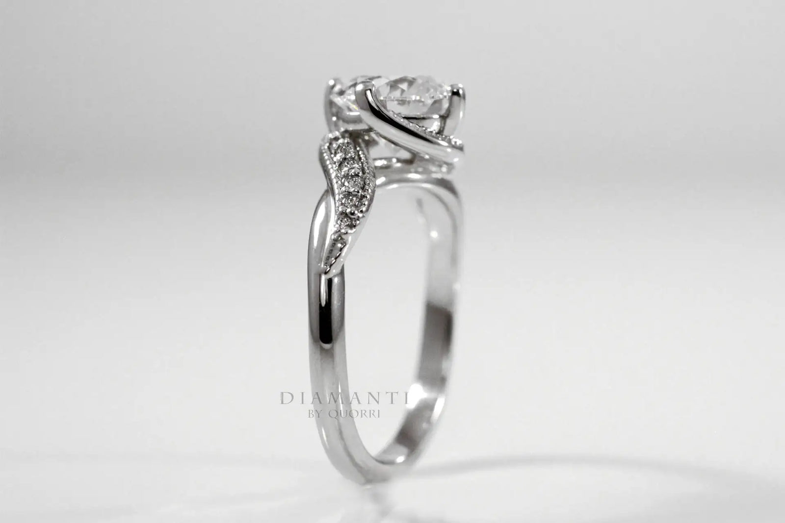 white gold swirl hidden-halo 2 carat round lab diamond engagement ring Quorri