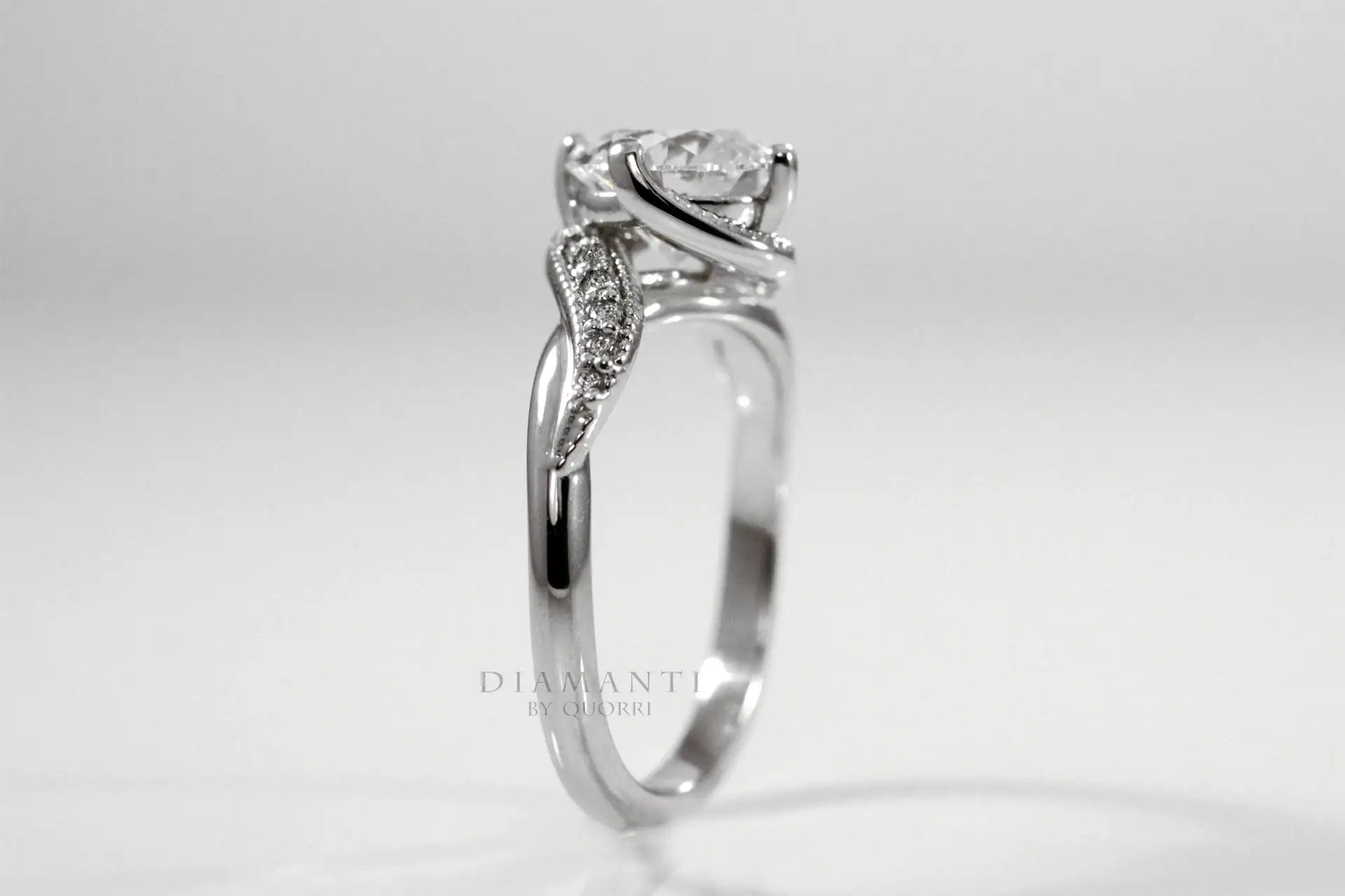 14k white gold swirl hidden-halo 1.5 carat round lab grown diamond engagement ring Quorri