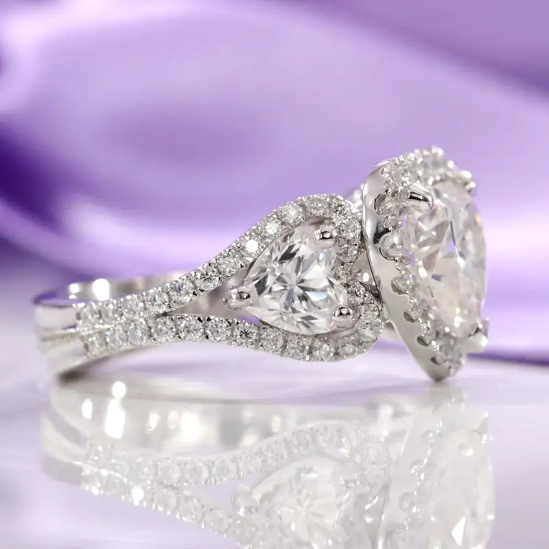lab diamond pear and heart side stone in white gold engagement ring