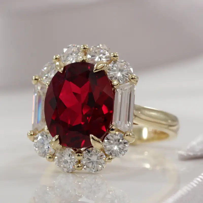 two tone claw prong blood red oval ruby and white diamond ring