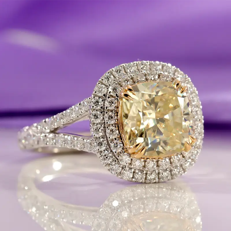 affordable split band double halo white diamond and yellow cushion lab diamond ring