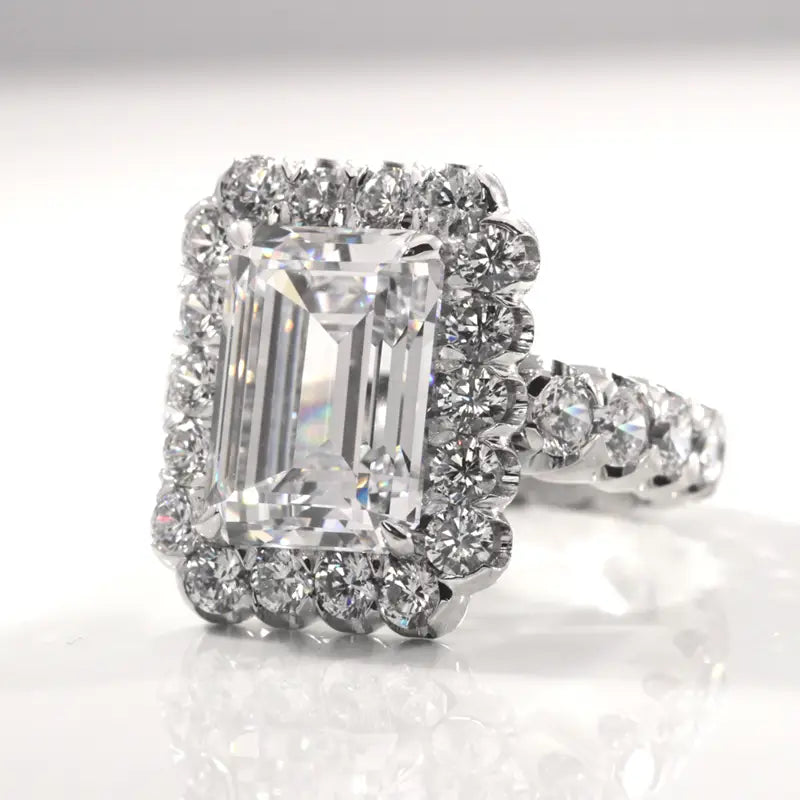 designer emerald lab diamond halo ring with large accents in white gold