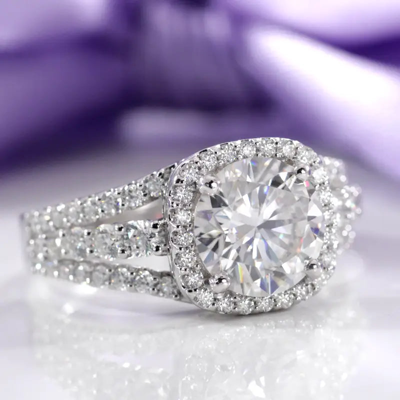 three row diamond band with round halo lab diamond in white gold