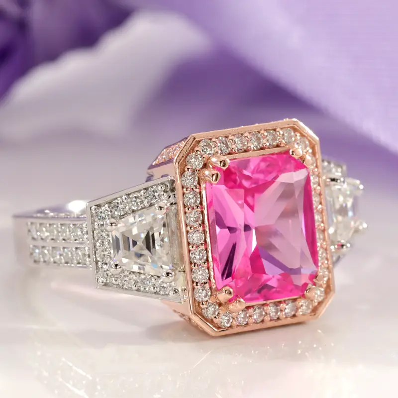 two-tone rose and white gold pink diamond and sapphire radiant halo engagement ring