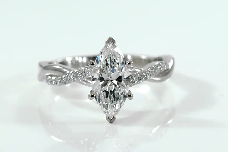 designer 14k white gold 2 carat marquise lab diamond intertwine band engagement ring Quorri 