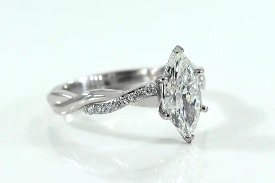 designer 14k white gold 2 carat marquise lab diamond intertwine band engagement ring Quorri 