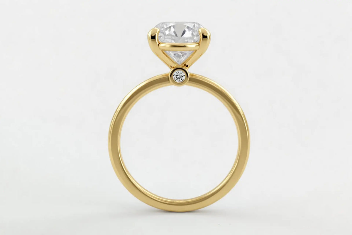 cushion cut lab diamond yellow gold engagement ring with diamond accent by Quorri Canada