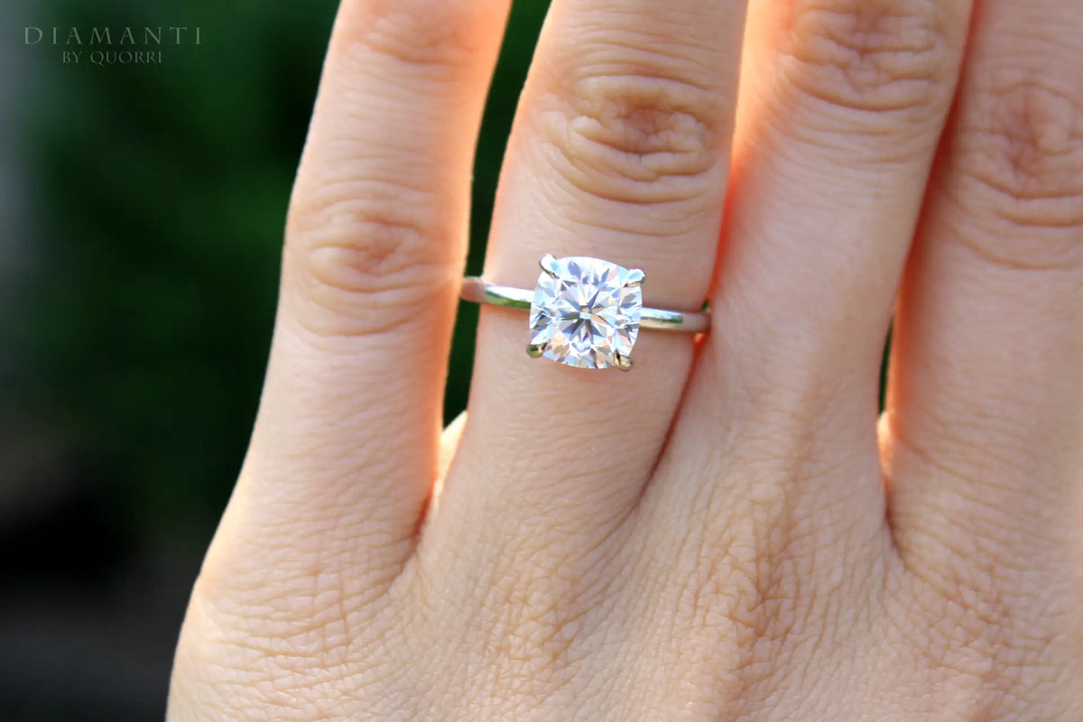 blue sapphire accented claw prong platinum 3 carat  cushion lab diamond engagement ring Quorri 