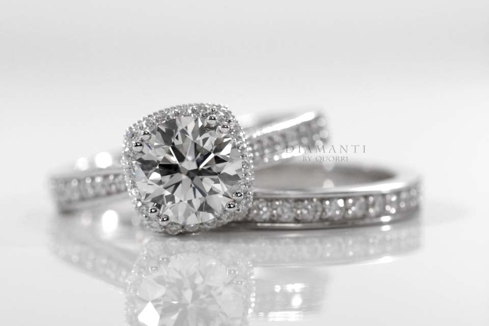 designer Millgrain detailed 18k white gold lab diamond  halo ring and wedding band Quorri