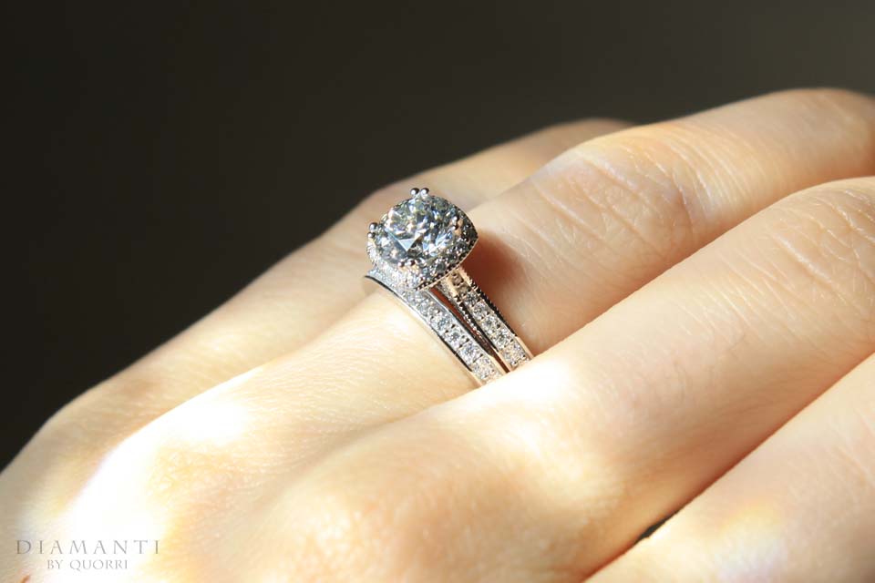 designer Millgrain detailed 14k white gold lab grown diamond ring and wedding band Quorri