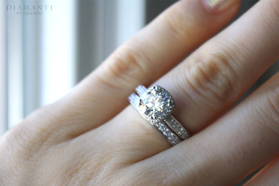 designer Millgrain detailed white gold 2 carat lab diamond engagement ring and wedding band Quorri