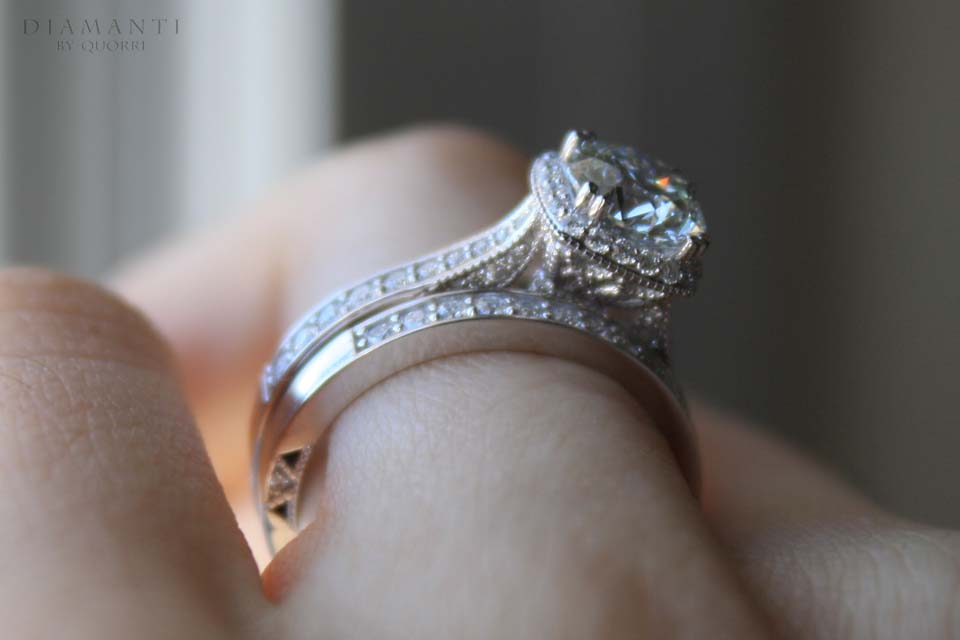 affordable designer Millgrain detailed 18k white gold 1.5 carat lab created diamond wedding band Quorri