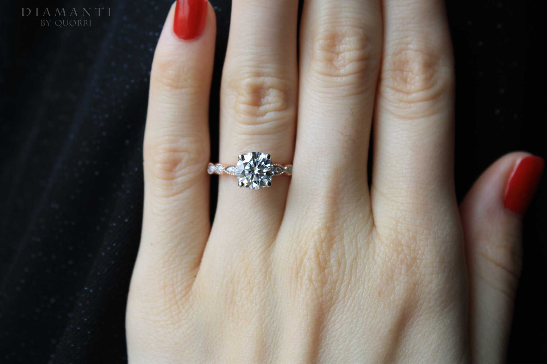 designer 14k rose gold millgrain 2 carat round lab diamond engagement ring Quorri
