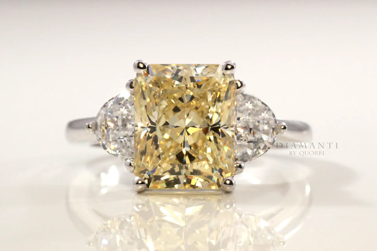 3 carat 18k white gold yellow sapphire radiant and half moon diamond engagement ring Quorri