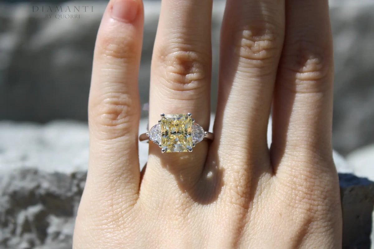 3 carat 18k white gold lab grown yellow sapphire radiant and half moon diamond engagement ring Quorri