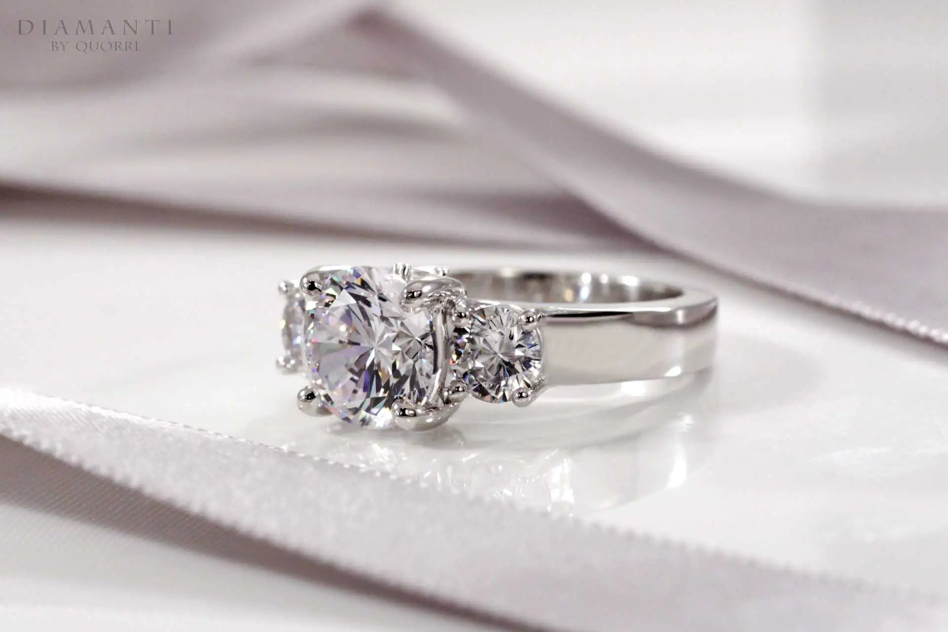 14k white gold three stone 2.5 carat round brilliant lab made diamond engagement ring Quorri