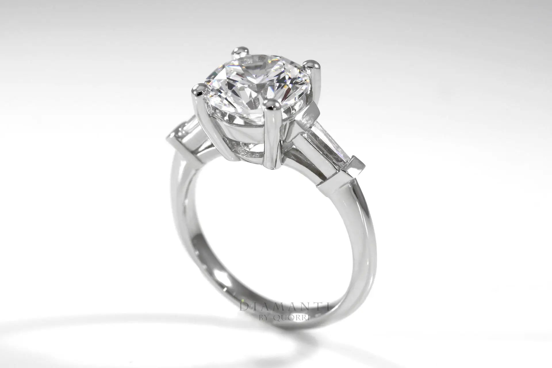 three stone round and baguette lab diamond engagement ring Quorri