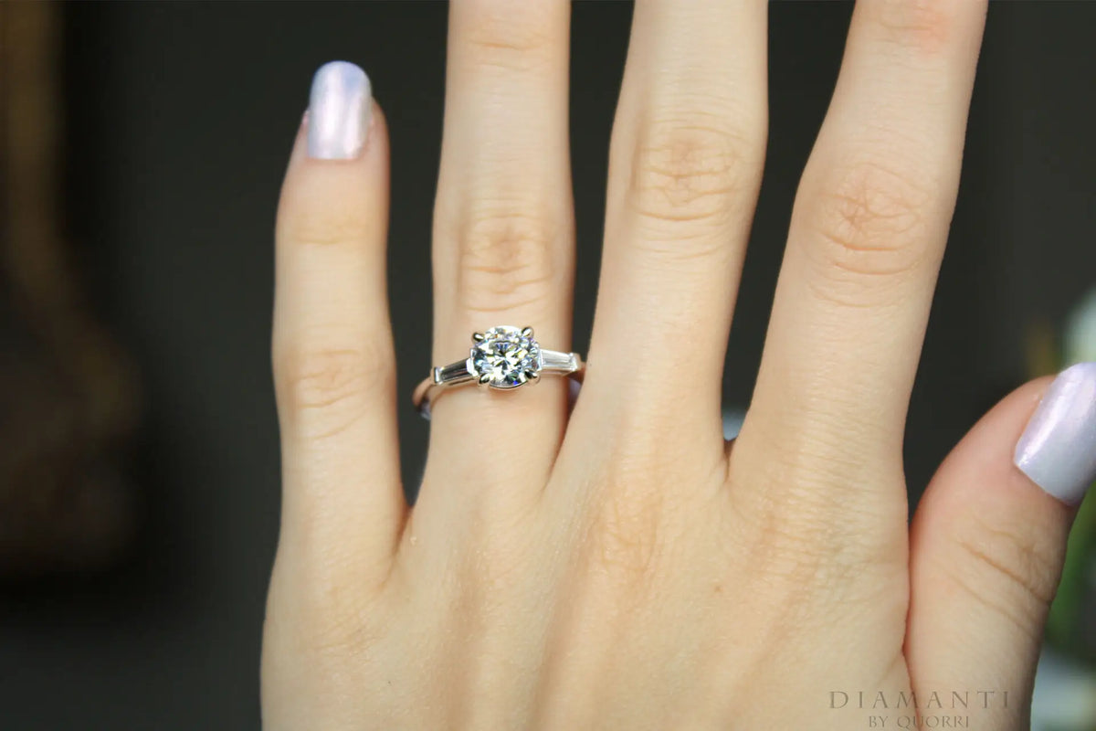 1.5 carat three stone round and baguette 18k white gold lab grown diamond engagement ring Quorri