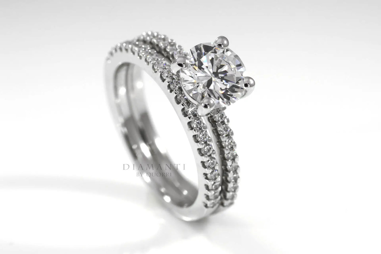 affordable designer scalloped round accented lab diamond wedding ring and band set Quorri