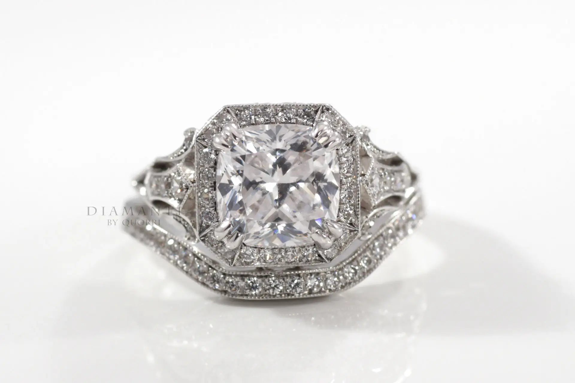 antique affordable round and cushion lab diamond wedding ring set at Quorri