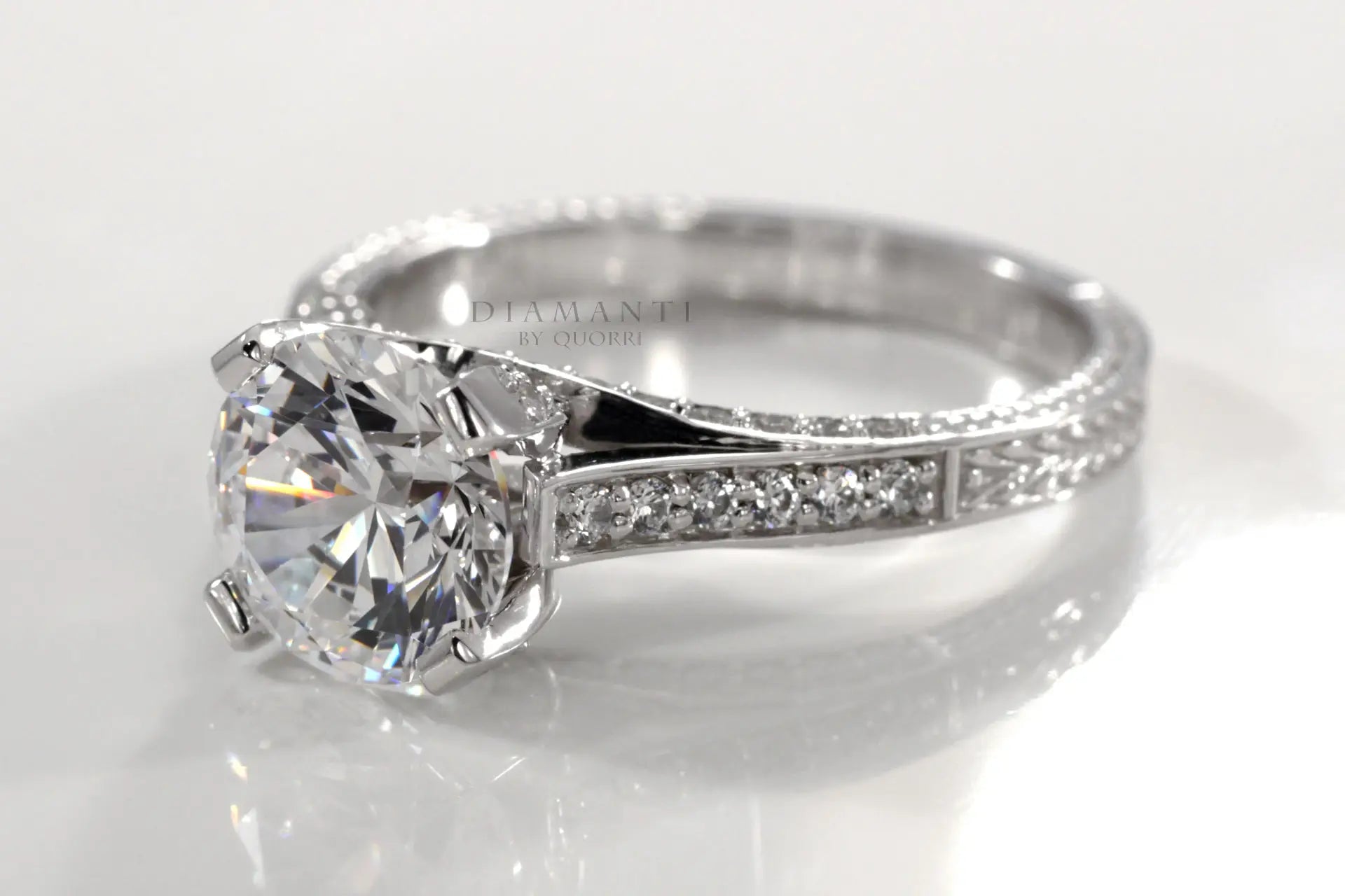 platinum hand scrolled accented round lab diamond engagement ring