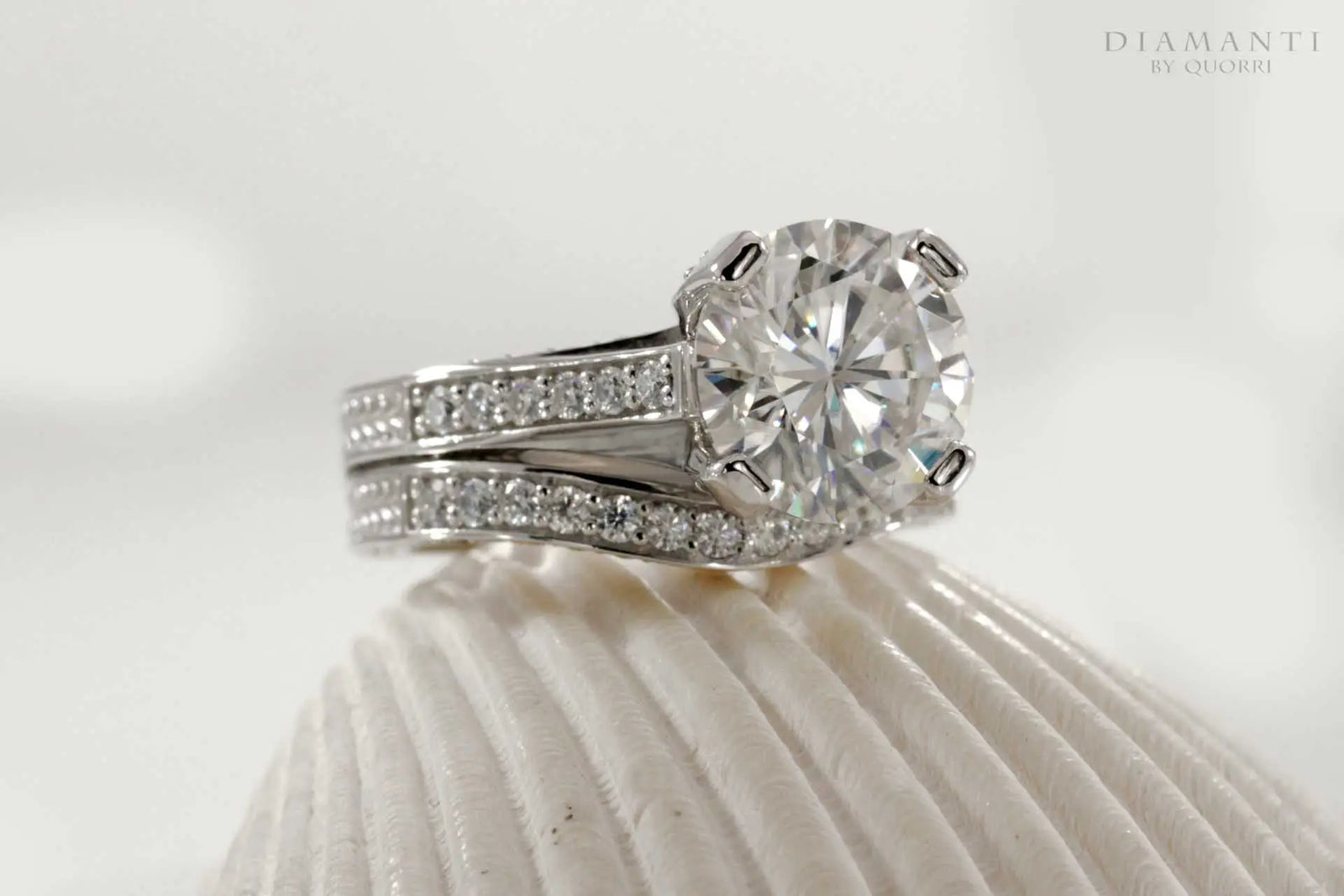 hand scrolled accented 3 carat round lab diamond engagement ring and matching band