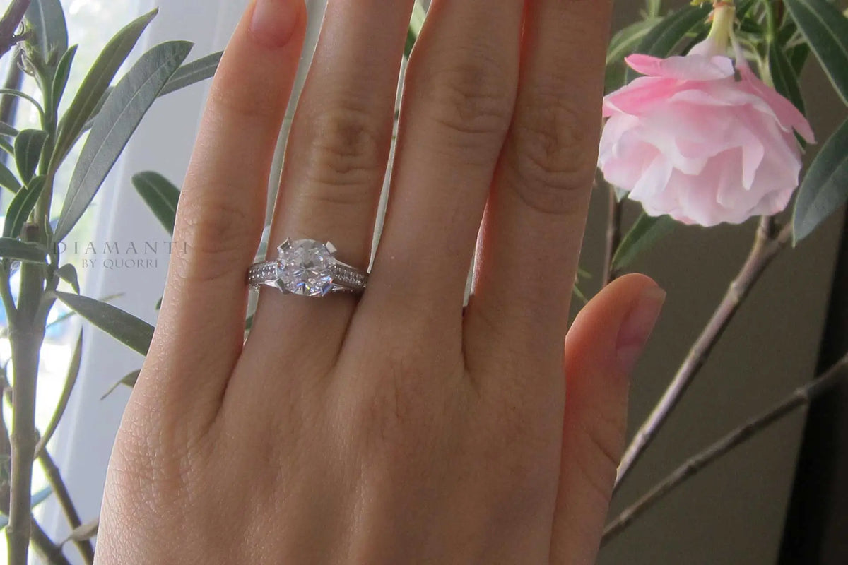 platinum hand scrolled accented 3.5 carat round lab made diamond engagement ring