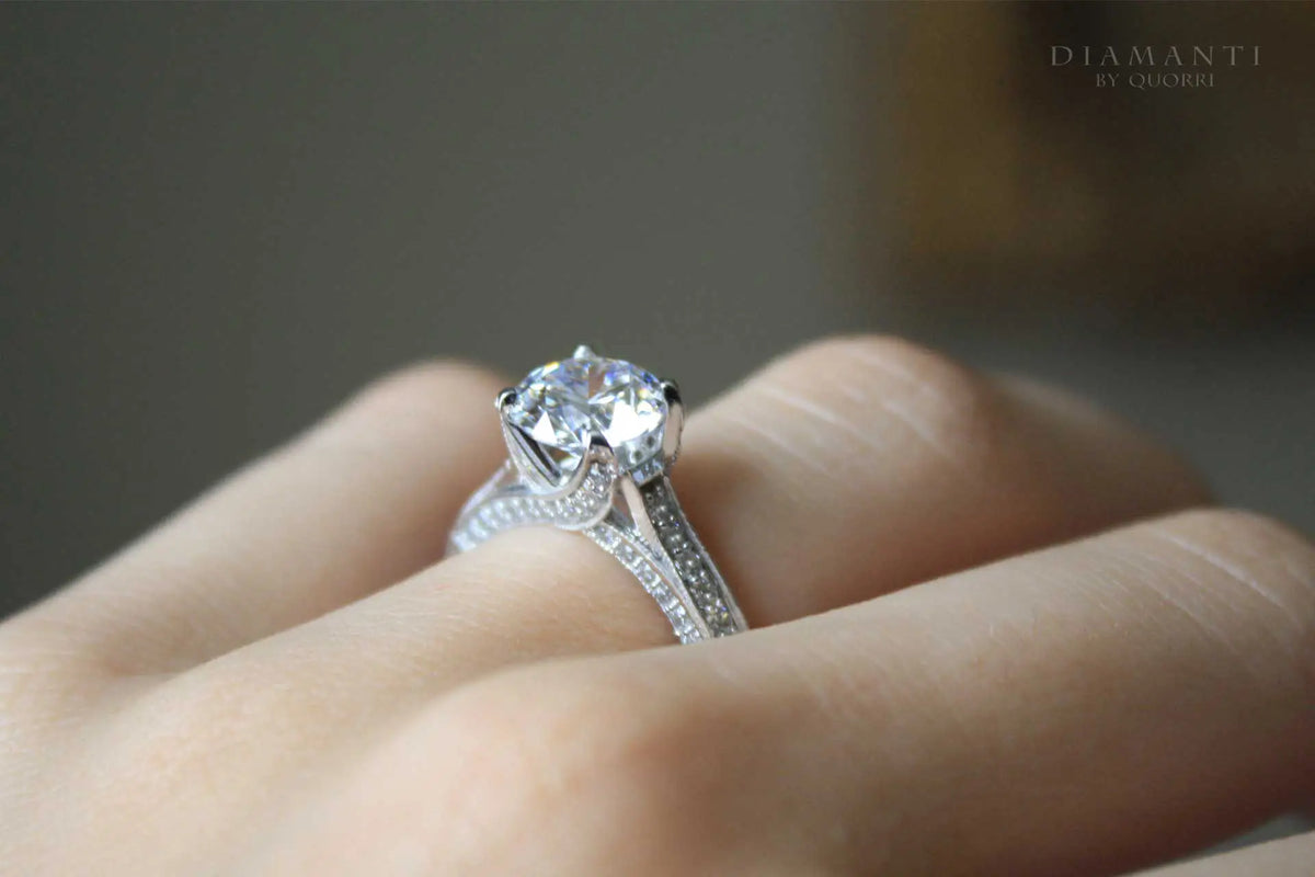 4 prong hand scrolled accented 2 carat round lab grown diamond engagement ring